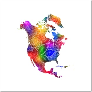 Colorful mandala art map of North America with text in multicolor pattern Posters and Art